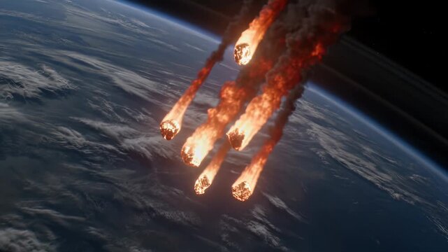 Meteor breaking into multiple burning fragments during atmospheric entry. Asteroid impact concept with fire and smoke trails over planet earth. Panning camera movement.