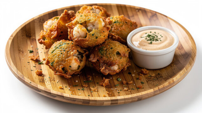 Conch Fritters on Bamboo Plate 35 Degree Angle Isolated on White Background Studio Shot