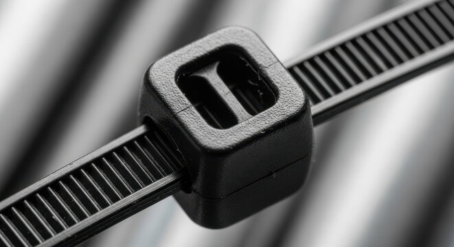 Zip tie black cable with ridged texture and square buckle featuring plastic, textured, cord organizer with wire management and fastener elements for