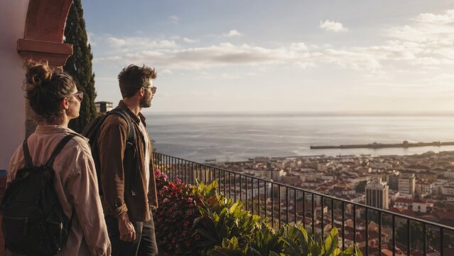 Couple Travelers Watching Sunset from a Viewpoint Above a Coastal City