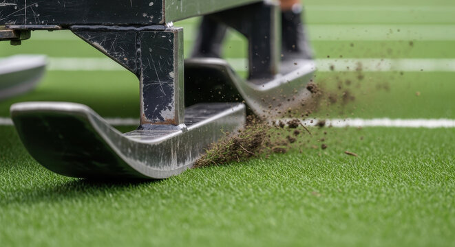 Sled heavy being pulled with metal runners on green turf field featuring sports equipment, athletic equipment, training equipment with fitness and