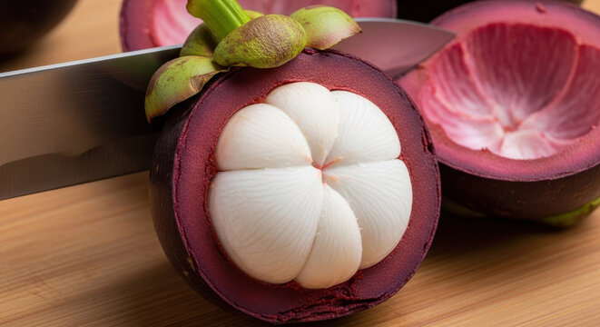 Knife cutting open a mangosteen fruit with purple rind and white segments on wooden table background in close-up