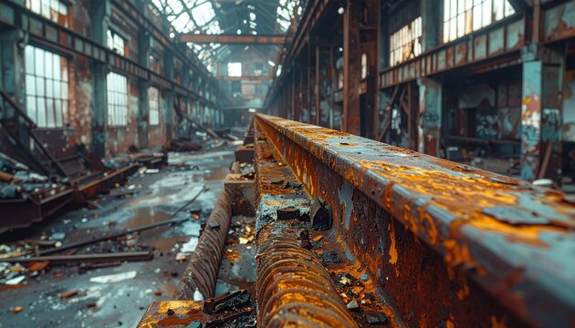 A rusted and corroded metal beam stretches through the center of an abandoned, decaying industrial factory warehouse, highlighting the textures of urban ruin and long-forgotten history.