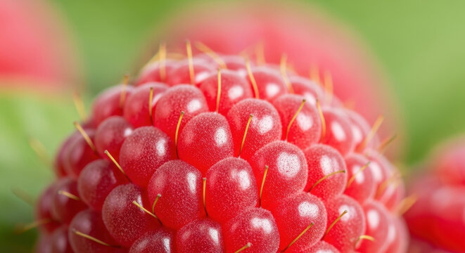 Raspberry macro shot with glossy red berries and tiny drupelets, fresh garden fruit texture and natural bokeh background