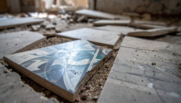Broken decorative ceramic floor tiles lying in the dust within an abandoned building ruin, capturing a sense of historical decay and the passage of time through fragmented architectural design.