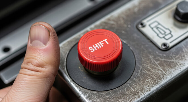 Thumb pressing red shift knob on textured car dashboard, close-up of manual transmission control button