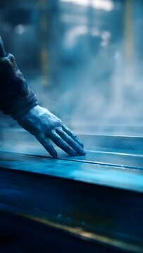 Gloved hand coating metal panels, blue gradients, haze, blurred workshop.