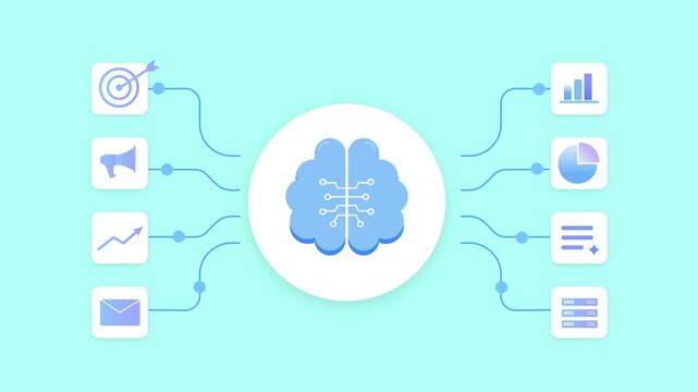 Animated AI workflow with central brain node connecting multiple inputs and outputs, showing data processing, automation, and digital network flow in a modern interface.