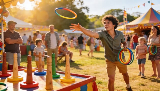 Ring toss game player catching colorful rings at sunny outdoor carnival booth