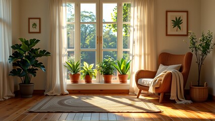 Fototapeta premium room large window offers view greenery outside window covered white curtains has wooden floor right side window wicker armchair white cushion beige throw blanket next armchair several potted plants