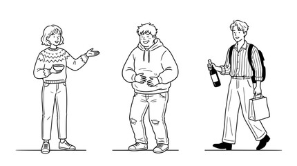 Fototapeta premium Outline Sketch Depicting Characters in Social and Casual Scenarios