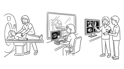 Obraz premium Medical Staff Analyzing Patient Imaging in Line Art Representation