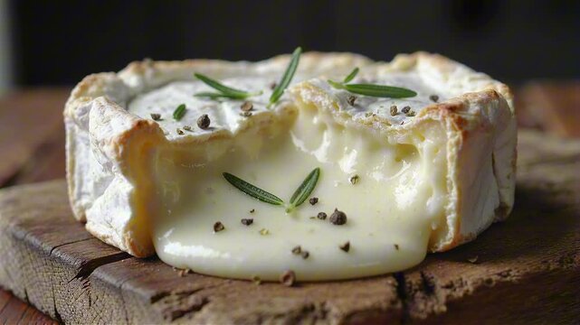 Baked Camembert cheese with gently split white rind on a wooden board. Thick glossy molten cheese flows out, topped with rosemary and cracked pepper. Mouthwatering macro food shot.