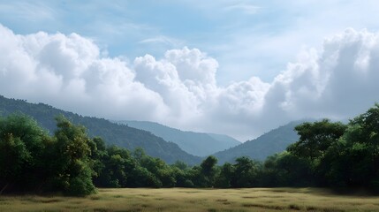 Naklejka premium Vast natural landscape view featuring lush green rolling hills beneath a dramatic cloudy sky