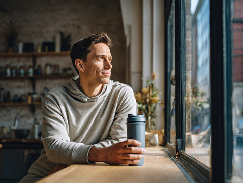 Man sitting by window with coffee cup in modern cafe enjoying warm beverage while gazing outside, creating a cozy atmosphere. 
