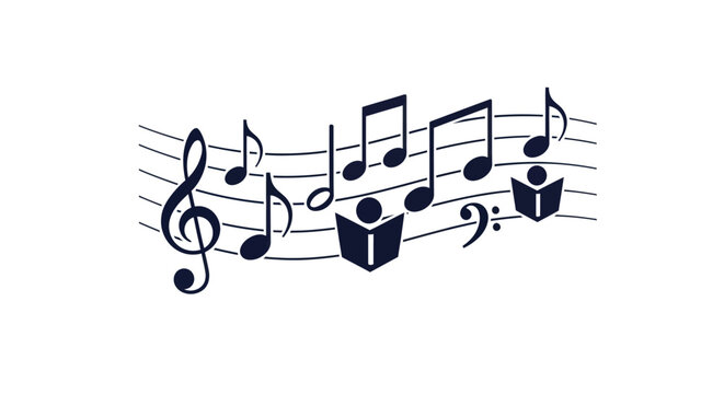 Musical Staff with Notes and Abstract Figures Reading Books