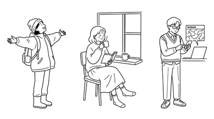 Obraz premium Expressive Line Art Characters Engaging in Varied Lifestyle Activities