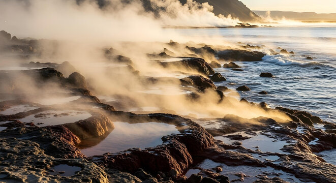 Steaming ocean tide pools create mystical atmospheric mist at sunrise
