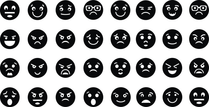 Collection of diverse black silhouette emoticons representing various emotions