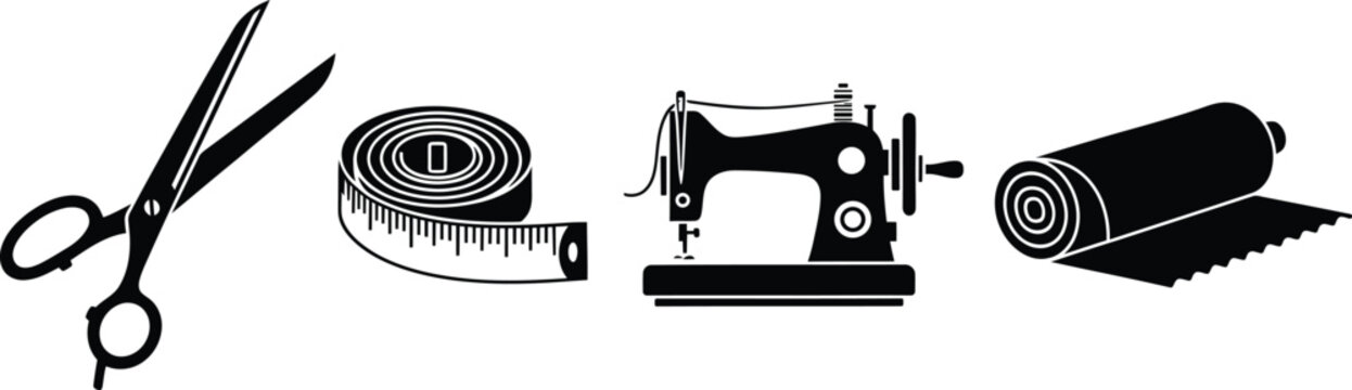 Sewing tools collection scissors measuring tape sewing machine and fabric isolated on transparent background