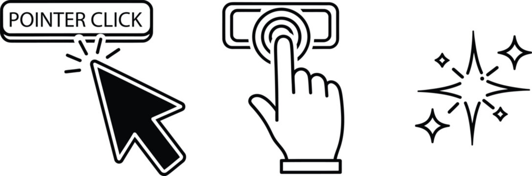 Clicking and interaction icons mouse fingerprint and sparkle isolated on transparent background