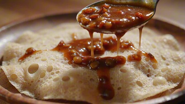 Ethiopian injera bread macro with a spoon pouring glossy red lentil stew. The thick savory sauce soaks into the spongy porous surface under warm earthy lighting. Delicious food shot.