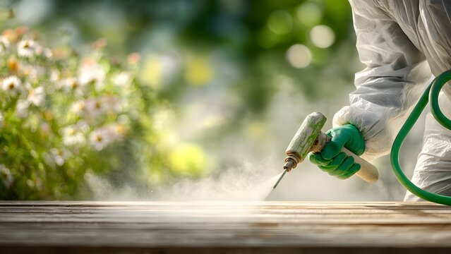 Painter coating wooden door in sunlight, red spray gun, green hose, sharp wood grain.