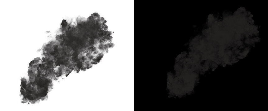 Black smoke plume isolated on white background, dark gray steam cloud texture, atmospheric vapor effect for design compositing