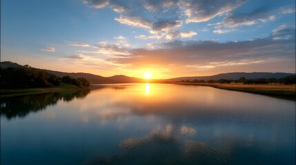 Fototapeta premium A breathtaking vista of the sunrise reflecting across calm waters framed by soft clouds and distant hills