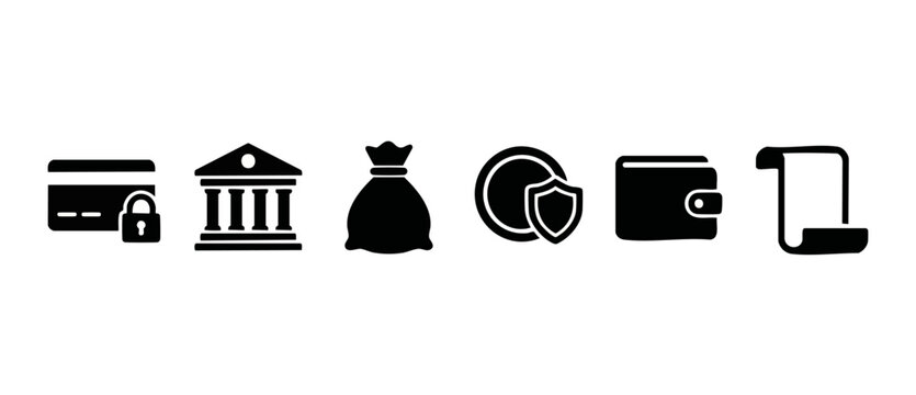 Finance Banking Icons Set, Secure Money Transactions and Payment Methods, Business Capital and Growth Symbols in Flat Vector Style for Web Design, Apps and Digital Interface Visual Communication Eleme