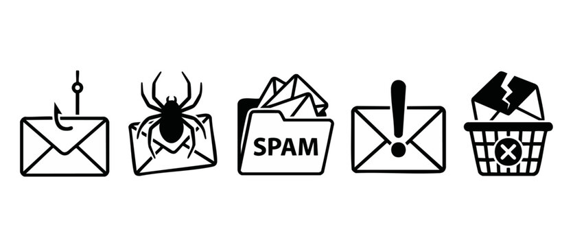 Email Spam Phishing Icon Set - Cybersecurity Digital Threat Prevention Graphic for Data Safety and Online Scam Protection Symbols Isolated on White Background for Web Interface and Network Security De