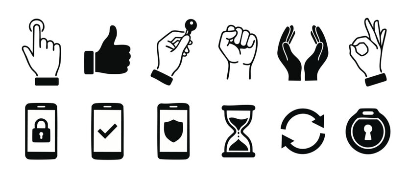Hand Gestures and Digital Security Icons Set, UI Vector Elements for Mobile App Interface and Web Navigation, Including Touch, Like, Key, Fist, Protecting Hands, Okay Sign, Padlock, Shield, and Timer