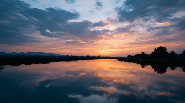 Dramatic sunrise colors reflected perfectly on the smooth still waters at the peaceful horizon