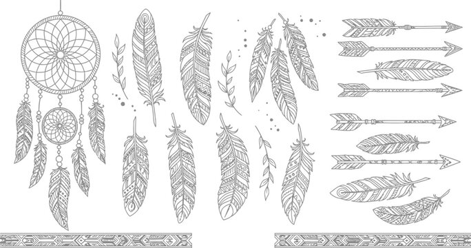 Native american dreamcatcher and feather collection illustration Vector