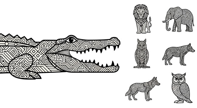 Detailed black and white illustration of a crocodile with intricate patterns perfect for coloring books or tribal art designs.