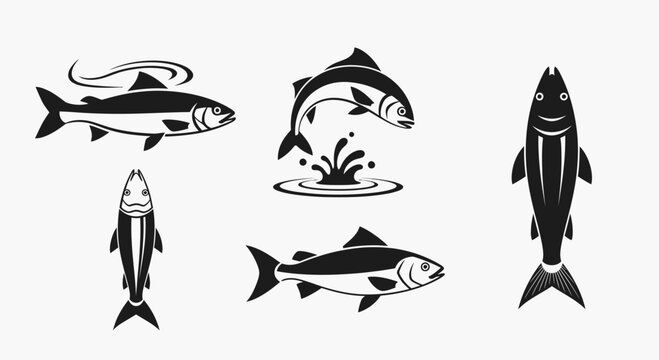 Set of various fish silhouettes in different poses including jumping and swimming isolated on a white background.