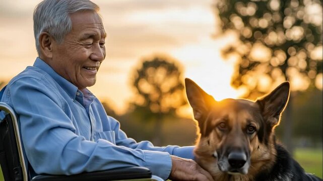 happy senior asian man in wheelchair petting german shepherd dog in park at sunset. disabled person lifestyle and animal therapy concept. healthcare, retirement care, emotional support.