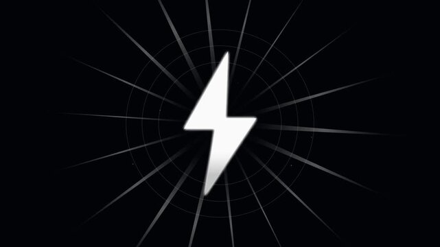 A white lightning bolt symbol on a dark background with radiating lines, symbolizing power, energy, and electricity