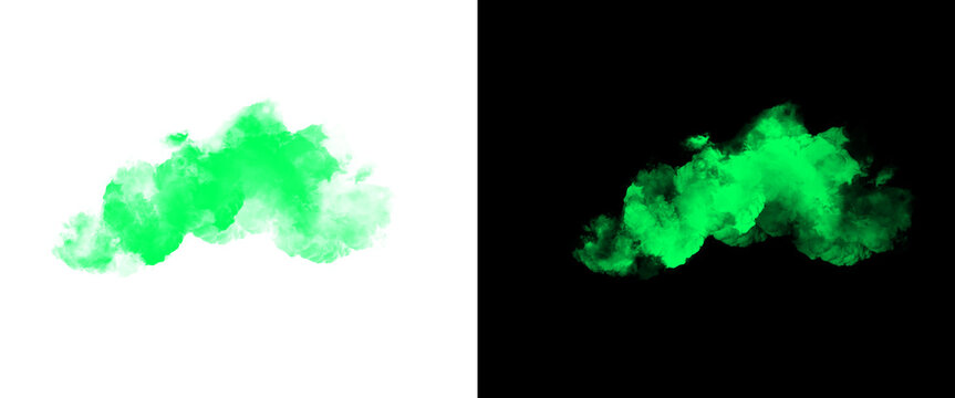 Vibrant green smoke cloud isolated on white and black backgrounds, toxic vapor effect, neon emerald steam puff for design overlays