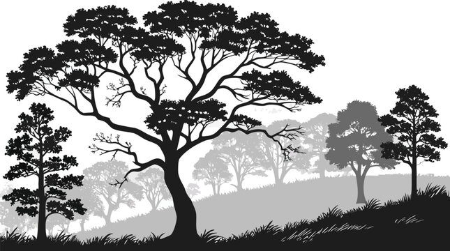 Layered Forest Landscape Black and White Vector with Tree Seamless Nature Pattern Background