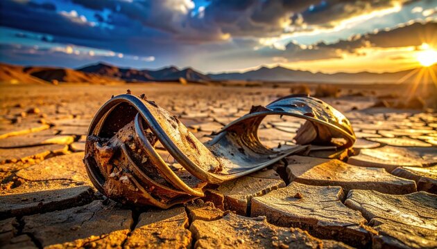 Twisted metallic shrapnel resting on a dry cracked mud surface at sunset in a vast desert landscape