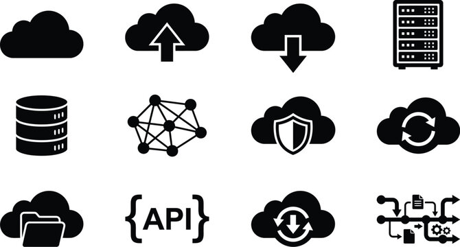 Cloud Computing Icons, API Symbols, Data Storage Logos, Network Security Vector Graphics