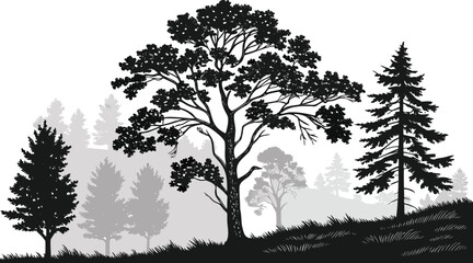 Obraz premium Layered Forest Landscape Black and White Vector with Tree Seamless Nature Pattern Background