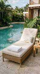 Fototapeta premium Resort details poolside lounger with towel and drink at tropical resort pool