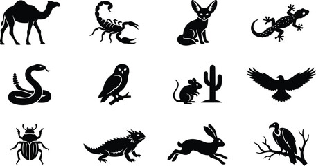 Fototapeta premium Desert animal icons, black silhouettes, wildlife symbols, vector graphics