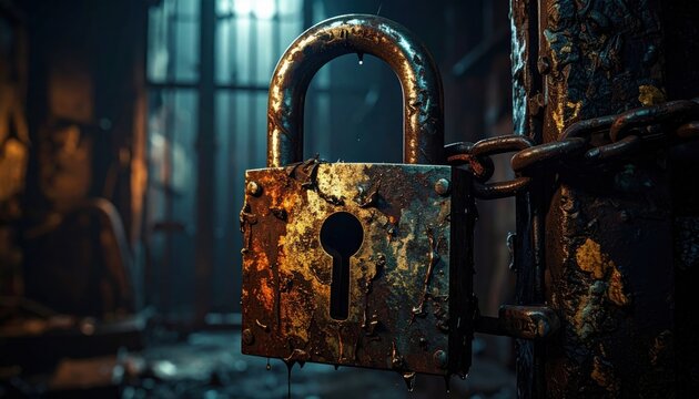 A heavily corroded and rusted metal padlock with a seized mechanism attached to a thick iron chain in a dark and mysterious setting, evoking themes of abandonment and forgotten security.