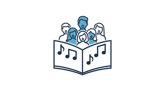 Group of people singing from sheet music, choir icon illustration