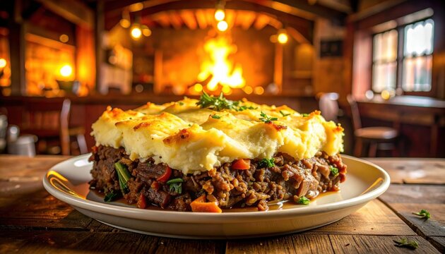 Hearty shepherds pie with a golden mashed potato crust served on a plate in a cozy rustic restaurant setting with a glowing warm fireplace in the background.