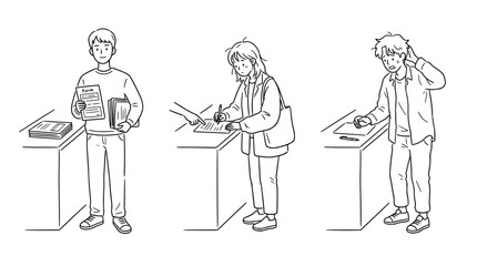 Obraz premium Three characters in different situations emphasizing learning and focus.