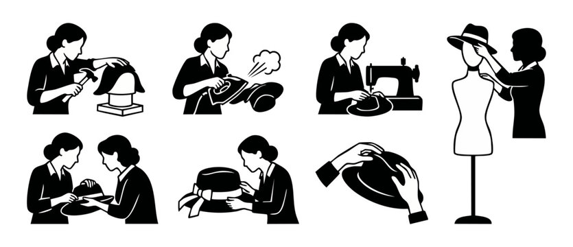 Millinery Workshop Hat Making Process Icons Set, Artisan Crafting Stylish Headwear Collection, Professional Milliner Handcrafting Hats with Tools, Manual Fashion Accessories Production Design Vector